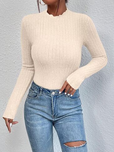 Women's Fitted Ribbed Sweater with Ruffled Crew Neck for Fall Casual Wear in Saudi Arabia