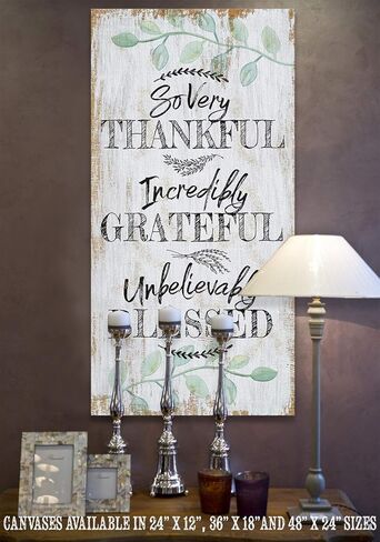 So Very Thankful - Boho Style Living Room and Dining Room Decor, Farmhouse Wall Art Decoration, Ready to Hang Inspirational Housewarming Gifts, 18x36 Wood Style Look Stretched Canvas Art in Saudi Arabia