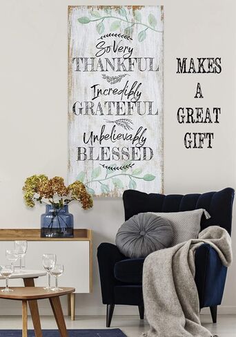 So Very Thankful - Boho Style Living Room and Dining Room Decor, Farmhouse Wall Art Decoration, Ready to Hang Inspirational Housewarming Gifts, 18x36 Wood Style Look Stretched Canvas Art in Saudi Arabia
