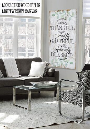So Very Thankful - Boho Style Living Room and Dining Room Decor, Farmhouse Wall Art Decoration, Ready to Hang Inspirational Housewarming Gifts, 18x36 Wood Style Look Stretched Canvas Art in Saudi Arabia