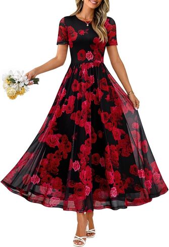 MEROKEETY Women' Summer Floral Maxi Dress 2026 Spring Mesh Short Sleeve Flowy Wedding Guest Beach Long Dresses in Saudi Arabia