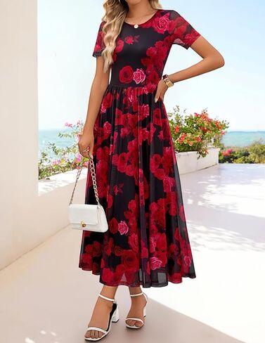 MEROKEETY Women' Summer Floral Maxi Dress 2026 Spring Mesh Short Sleeve Flowy Wedding Guest Beach Long Dresses in Saudi Arabia