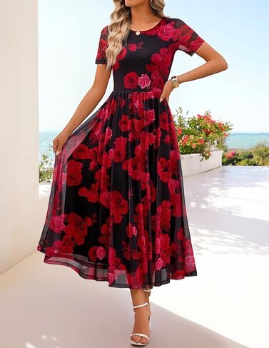 MEROKEETY Women' Summer Floral Maxi Dress 2026 Spring Mesh Short Sleeve Flowy Wedding Guest Beach Long Dresses in Saudi Arabia
