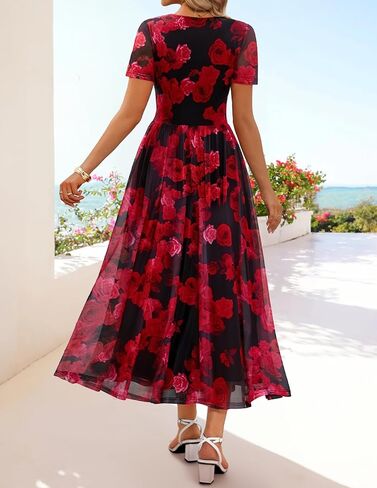 MEROKEETY Women' Summer Floral Maxi Dress 2026 Spring Mesh Short Sleeve Flowy Wedding Guest Beach Long Dresses in Saudi Arabia
