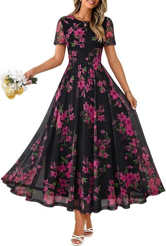 MEROKEETY Women' Summer Floral Maxi Dress 2026 Spring Mesh Short Sleeve Flowy Wedding Guest Beach Long Dresses in Saudi Arabia