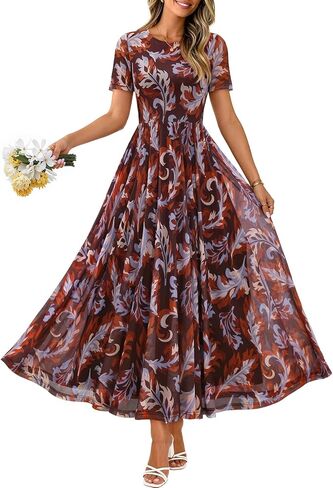 MEROKEETY Women' Summer Floral Maxi Dress 2026 Spring Mesh Short Sleeve Flowy Wedding Guest Beach Long Dresses in Saudi Arabia