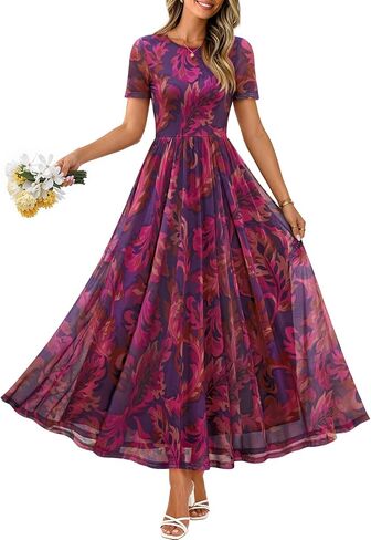 MEROKEETY Women' Summer Floral Maxi Dress 2026 Spring Mesh Short Sleeve Flowy Wedding Guest Beach Long Dresses in Saudi Arabia