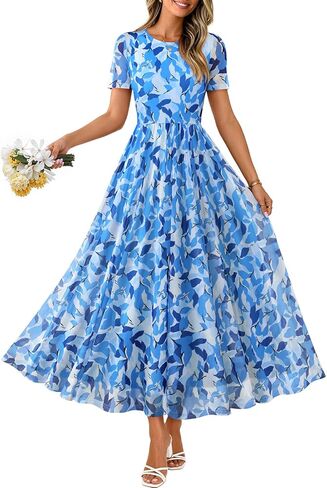 MEROKEETY Women' Summer Floral Maxi Dress 2026 Spring Mesh Short Sleeve Flowy Wedding Guest Beach Long Dresses in Saudi Arabia