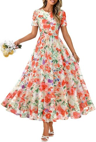 MEROKEETY Women' Summer Floral Maxi Dress 2026 Spring Mesh Short Sleeve Flowy Wedding Guest Beach Long Dresses in Saudi Arabia