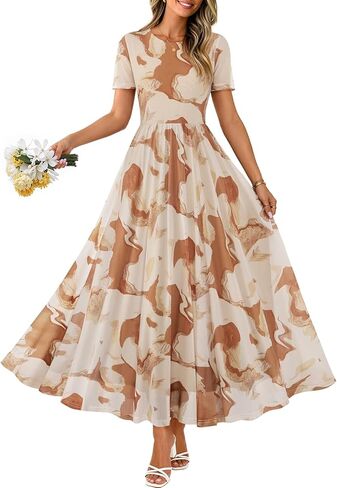 MEROKEETY Women' Summer Floral Maxi Dress 2026 Spring Mesh Short Sleeve Flowy Wedding Guest Beach Long Dresses in Saudi Arabia