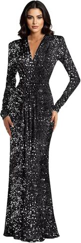 Sparkly Sequin Velvet Prom Dresses for Women Long Sleeve Mermaid Bridesmaid Dress V Neck Formal Wedding Guest in Saudi Arabia