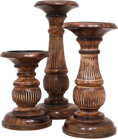 DEVLA Wood Candle Holders for Pillar: Rustic Candles Holder 8,10,12 inch Set of 3 Table Centerpiece Decor Wooden Natural Dark Burn Farmhouse Decorations for Fireplace Mantle in Saudi Arabia