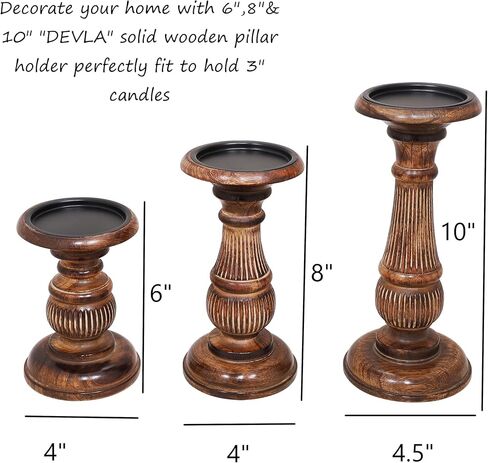 DEVLA Wood Candle Holders for Pillar: Rustic Candles Holder 8,10,12 inch Set of 3 Table Centerpiece Decor Wooden Natural Dark Burn Farmhouse Decorations for Fireplace Mantle in Saudi Arabia