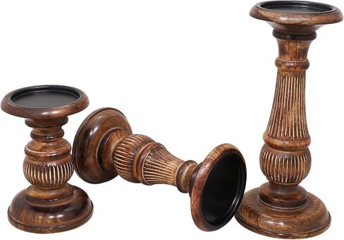 DEVLA Wood Candle Holders for Pillar: Rustic Candles Holder 8,10,12 inch Set of 3 Table Centerpiece Decor Wooden Natural Dark Burn Farmhouse Decorations for Fireplace Mantle in Saudi Arabia