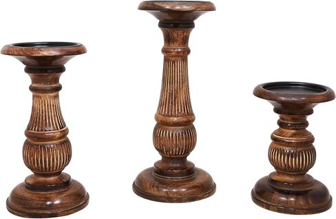 DEVLA Wood Candle Holders for Pillar: Rustic Candles Holder 8,10,12 inch Set of 3 Table Centerpiece Decor Wooden Natural Dark Burn Farmhouse Decorations for Fireplace Mantle in Saudi Arabia