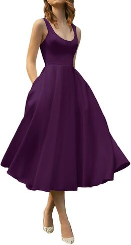Women's Vintage Satin Cocktail Dresses Tea Length A-Line Prom Dresses Spaghetti Straps Scoop Neck with Pockets 2025 in Saudi Arabia