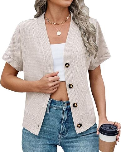 Women's Waffle Knit Button Down Shirts Casual Solid Color Tops V Neck Short Sleeve Shacket Jacket Dressy Blouses in Saudi Arabia