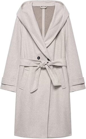Women's Business Casual Cross-Over Button Front Soft-Touch Hooded Long Coat with Belt and Side Pockets in Saudi Arabia