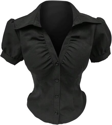 Women's Summer Puff Sleeve Ruched Blouses Button Down Collared Y2k Shirts Going Out Tops in Saudi Arabia