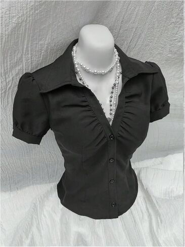 Women's Summer Puff Sleeve Ruched Blouses Button Down Collared Y2k Shirts Going Out Tops in Saudi Arabia