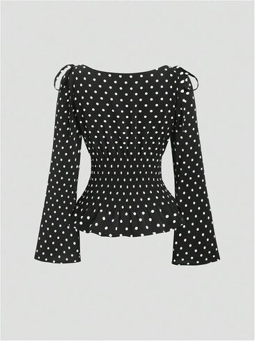 SHENHE Women's Polka Dots Ruffle Peplum Blouse Smocked Waist Bell Sleeve Dressy Going Out Top in Saudi Arabia
