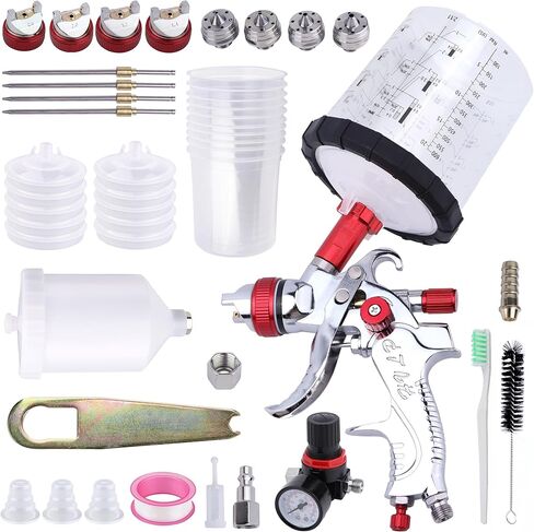 HVLP Spray Gun with 10Pcs 600ML Disposable Paint Cups, Automotive Gravity Feed Spray Gun Kit with 4 Nozzles,1.4/1.7/2.0/2.5mm, Sprayer Gun with Air Compressor Regulator for Auto Paint (Blue) in Saudi Arabia