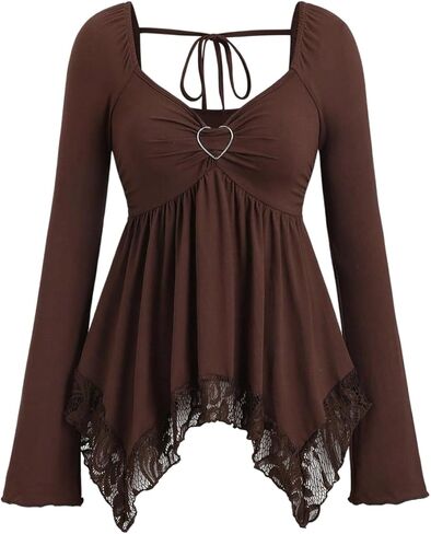 Women's Y2k Going Out Tops Goth Lace Trim Long Sleeve Peplum Shirt Tie Back Ruffle Hem Babydoll Tops in Saudi Arabia