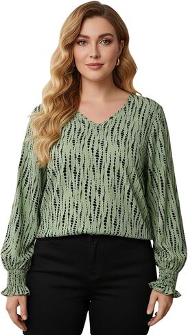 Women's Plus Size Lantern Long Sleeve Blouses Elegant Printed V Neck Work Office Tops in Saudi Arabia