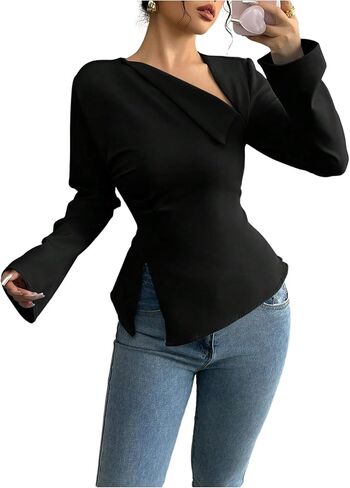 Floerns Women's Elegant Long Sleeve Blouse Top Asymmetrical Neck Lace Up Office Work Shirts in Saudi Arabia
