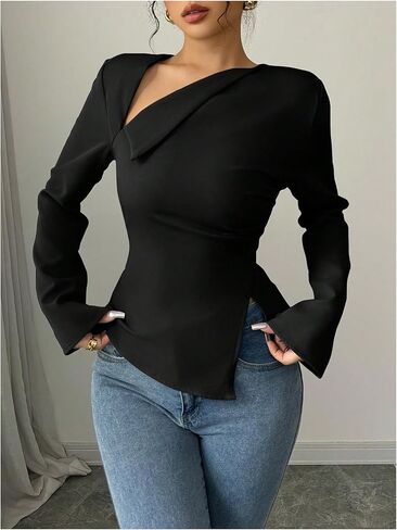 Floerns Women's Elegant Long Sleeve Blouse Top Asymmetrical Neck Lace Up Office Work Shirts in Saudi Arabia