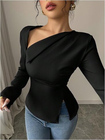 Floerns Women's Elegant Long Sleeve Blouse Top Asymmetrical Neck Lace Up Office Work Shirts in Saudi Arabia
