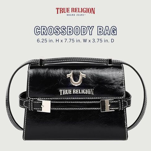 True Religion Crossbody Bag, Buckle Tab Flap Purse with Contrast Stitching, Multi-Compartment Interior and Silver Hardware, Black in Saudi Arabia