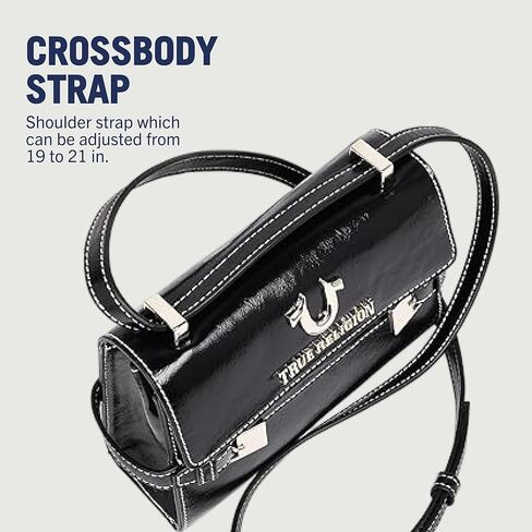 True Religion Crossbody Bag, Buckle Tab Flap Purse with Contrast Stitching, Multi-Compartment Interior and Silver Hardware, Black in Saudi Arabia