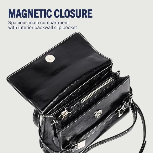True Religion Crossbody Bag, Buckle Tab Flap Purse with Contrast Stitching, Multi-Compartment Interior and Silver Hardware, Black in Saudi Arabia