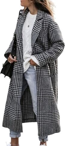 utcoco Women's Houndstooth Long Wool Coat Lapel Collar Button Down Loose Casual Winter Plaid Outerwear in Saudi Arabia