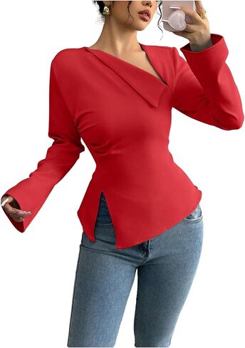 Floerns Women's Elegant Long Sleeve Blouse Top Asymmetrical Neck Lace Up Office Work Shirts in Saudi Arabia