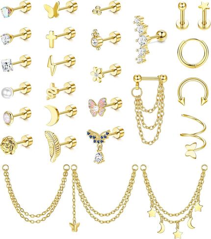 27 Pcs Flat Back Earrings Hypoallergenic Surgical Steel Cartilage Stud Earring Stacks Set for Mutiple Piercing Dainty Chain Dangle Conch Tragus Daith Helix Piercing Jewelry for Women Men Trendy 16G in Kuwait