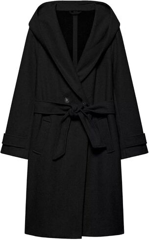 Women's Business Casual Cross-Over Button Front Soft-Touch Hooded Long Coat with Belt and Side Pockets in Saudi Arabia