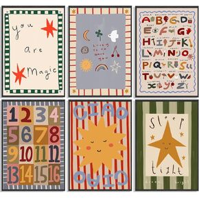 6Pcs Colorful Kids Room Wall Art Digital Letter Educational Wall Decor Prints Boho Colorful Stripes Paintings Artwork Star Sun Pictures for Nursery School Home Decoration 8x10in No frame in Saudi Arabia