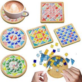 KDBDSYZB 6 Sets DlY Mosaic Tiles for Crafts,Mixed Color Glass Mosaic Kits with Wooden Coaster for Adults,DlY Coasters Kit Mosaic Supplies for Handmade Home Decoration Gift (Square and Round) in Saudi Arabia