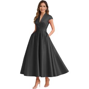 فساتين أم العروس من الساتان بطول الشاي للنساء، فستان رسمي لحفلات الزفاف مع حزام جيوب in Kuwait