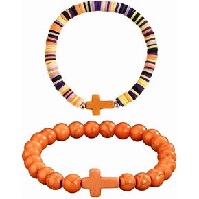 XAM 2Pcs Colorful Handmade Clay Stone Cross Beaded Bracelet for Men Women Inspirational Cross Faith Bracelet for Christian Easter Thanksgiving Christmas Birthday Gifts Jewelry in Saudi Arabia