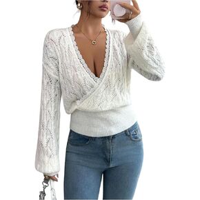 MakeMeChic Women's Floral Lace Wrap V Neck Sweater Crochet Long Sleeve Business Knit Top in Kuwait