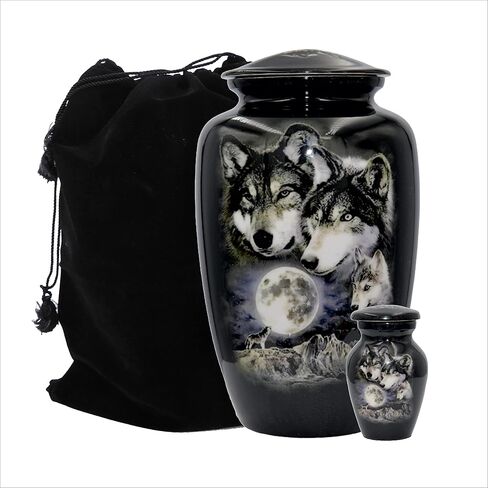 Wolves Howling at The Moon, Black Wolf Personalized Funeral Urn, Cremation Urn with Velvet Bag (Large) in Saudi Arabia