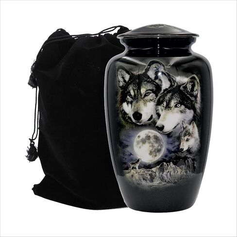 Wolves Howling at The Moon, Black Wolf Personalized Funeral Urn, Cremation Urn with Velvet Bag (Large) in Saudi Arabia
