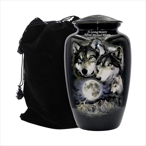 Wolves Howling at The Moon, Black Wolf Personalized Funeral Urn, Cremation Urn with Velvet Bag (Large) in Saudi Arabia