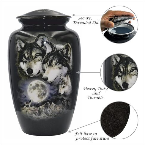 Wolves Howling at The Moon, Black Wolf Personalized Funeral Urn, Cremation Urn with Velvet Bag (Large) in Saudi Arabia