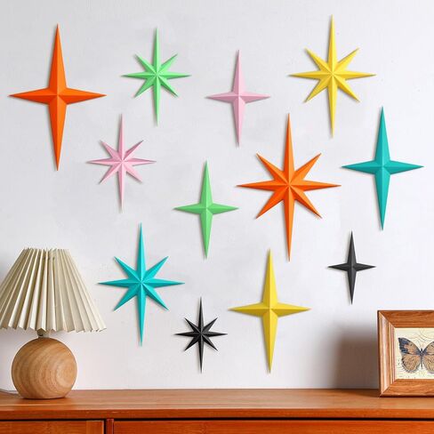 Blulu 12 قطعة ديكور حديث لمنتصف القرن Mcm Retro 3D Starburst Art Wall النحت، بلاستيك 8 نجوم ذرية مدببة عتيقة لهجة سماوية سماوية لديكور غرفة المكتب المنزلي in Saudi Arabia