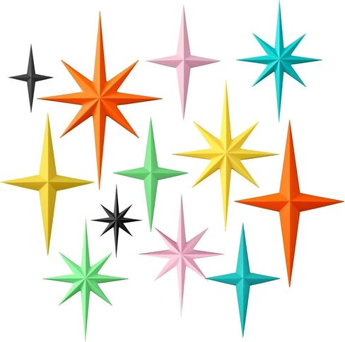 Blulu 12 قطعة ديكور حديث لمنتصف القرن Mcm Retro 3D Starburst Art Wall النحت، بلاستيك 8 نجوم ذرية مدببة عتيقة لهجة سماوية سماوية لديكور غرفة المكتب المنزلي in Saudi Arabia