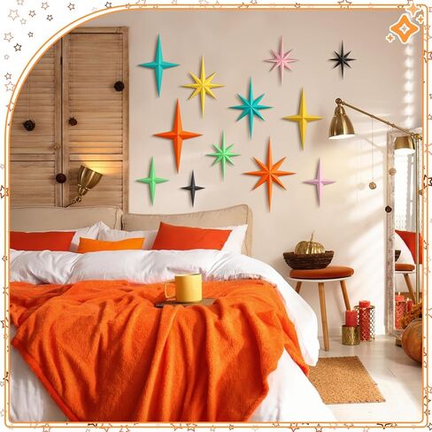 Blulu 12 قطعة ديكور حديث لمنتصف القرن Mcm Retro 3D Starburst Art Wall النحت، بلاستيك 8 نجوم ذرية مدببة عتيقة لهجة سماوية سماوية لديكور غرفة المكتب المنزلي in Saudi Arabia